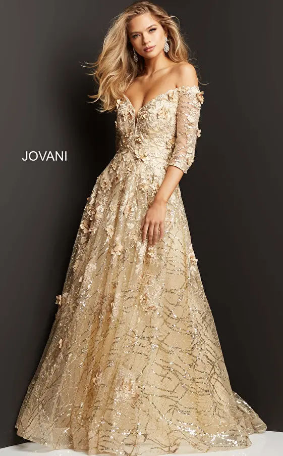 jovani Jovani 06636 Cream Floral Embellished A Line Gown
